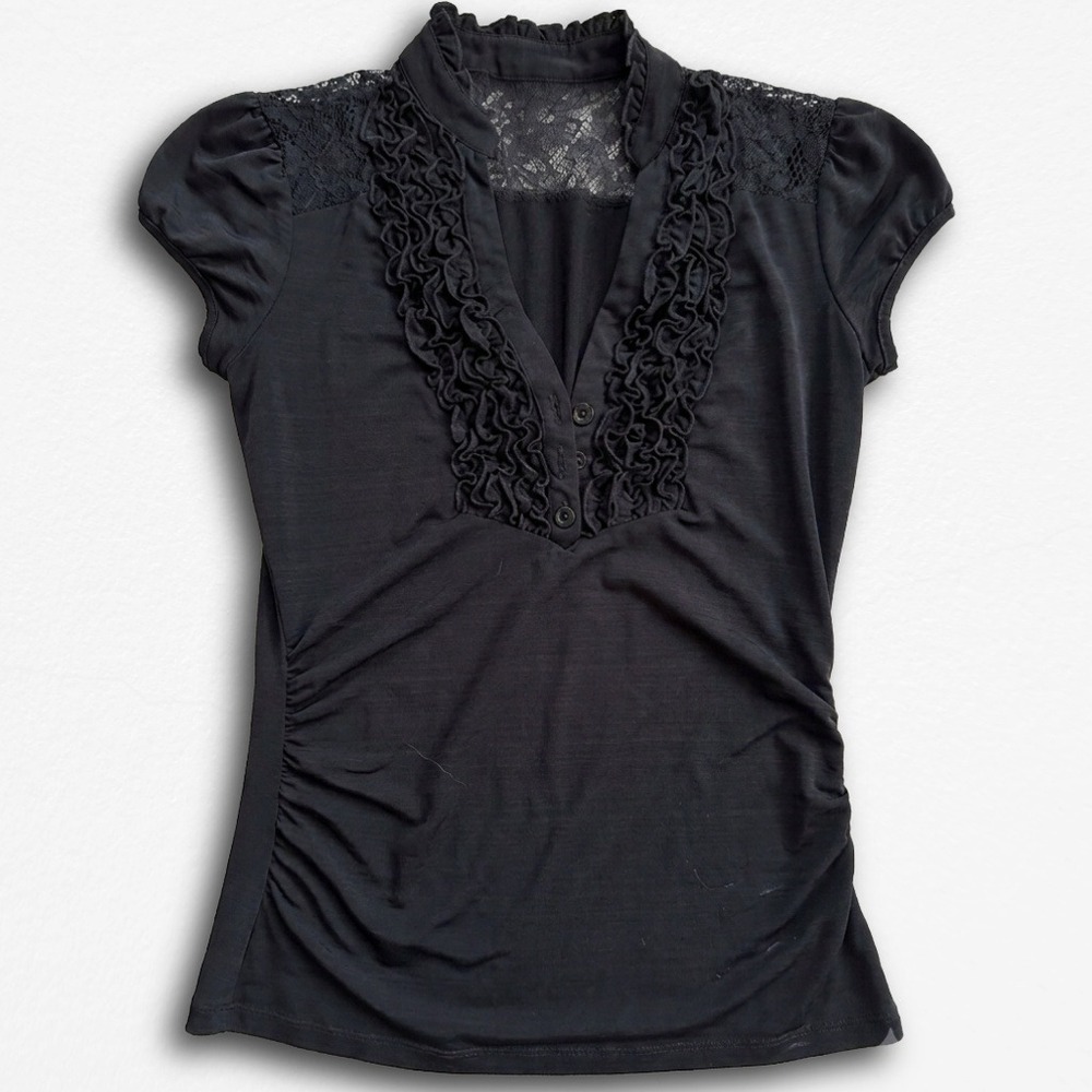 Heartsoul Black Lace Ruffle V-Neck Top Short Puff Sleeve Ruched Blouse Medium
